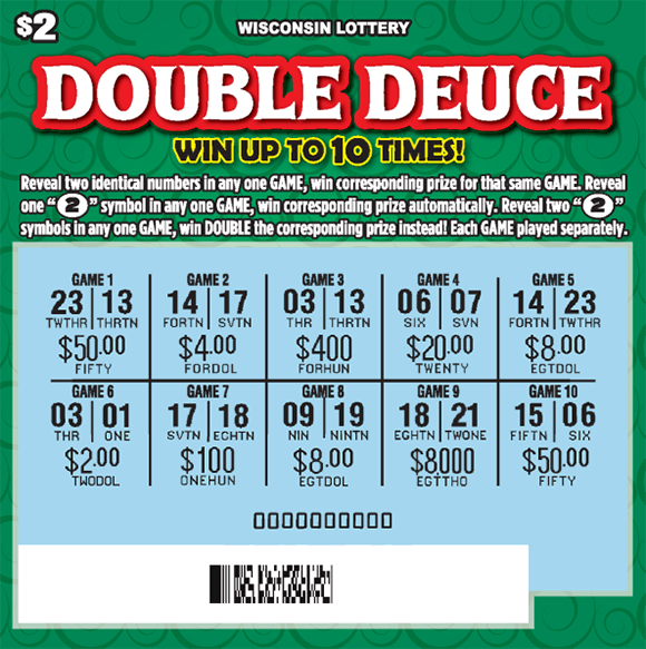 dark green swirls on bright green background with dice and playing cards on Wisconsin Lottery scratch game