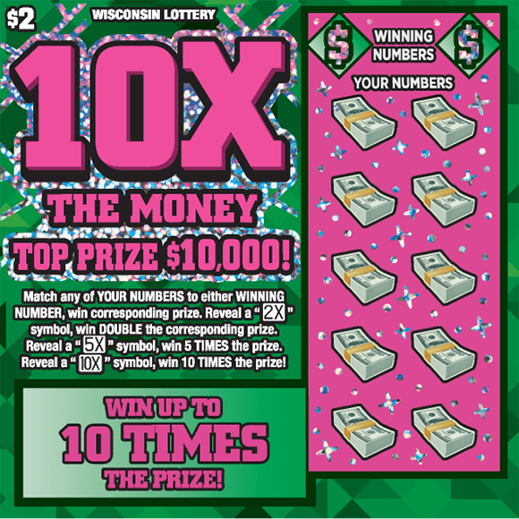 background filled with assortment of light and dark green triangles with icons of stacks of money with big bold font in bright pink outlined by shimmering silver pattern 