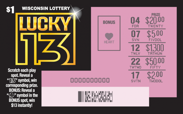 sleek black ticket with gold coins and bold lettering and gold outline making up number 13 on Wisconsin Lottery scratch game