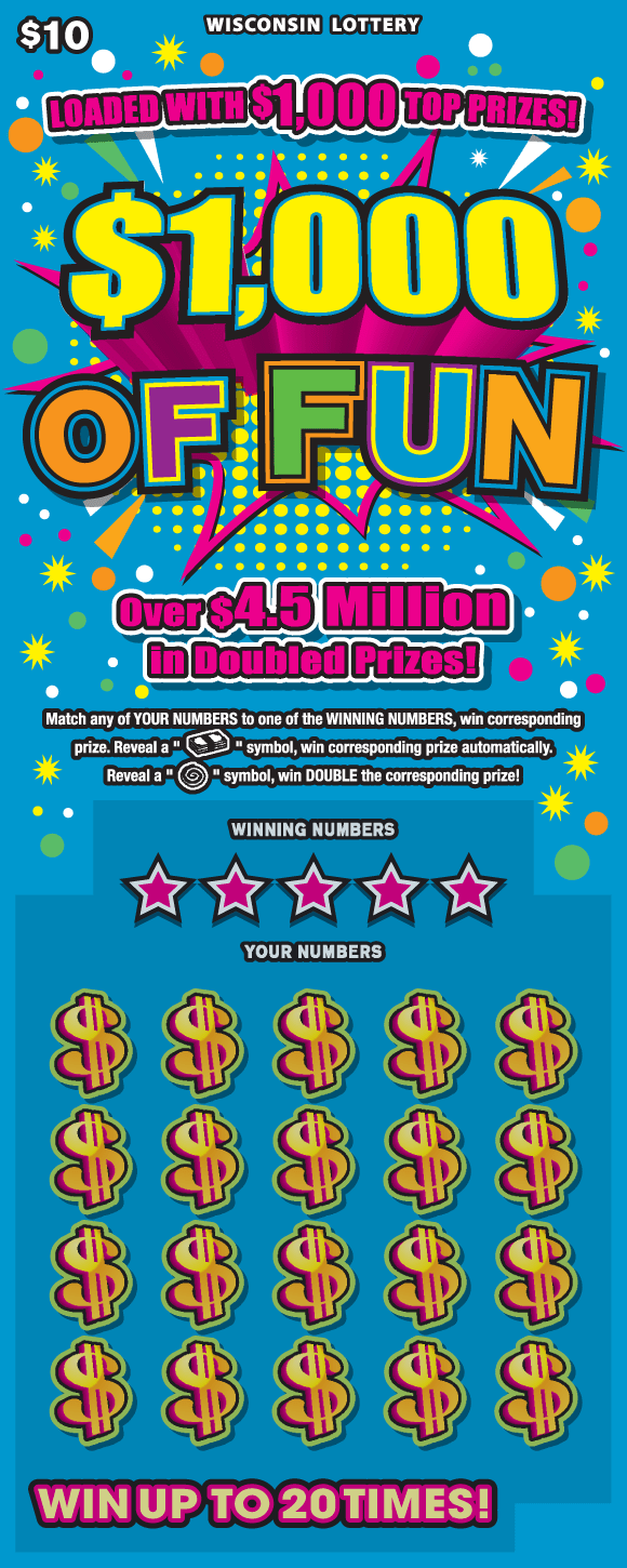 colorful confetti and streamers on bold blue background with gold dollar symbols and pink burst surrounding multi color lettering in various fonts on Wisconsin Lottery scratch game