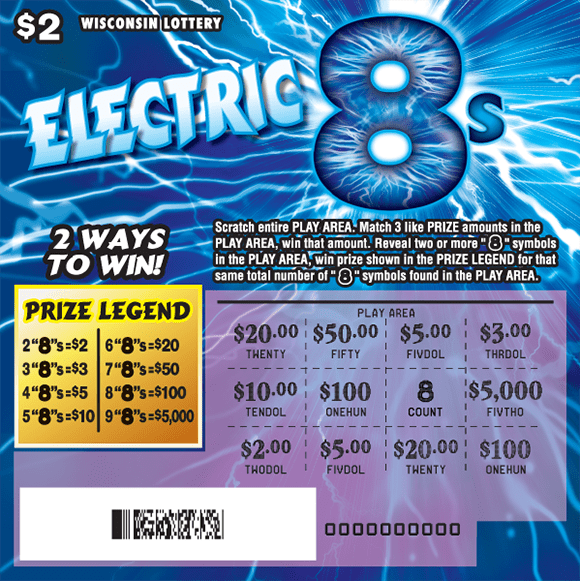 white and blue lightning streaks across cark blue background with white icons of lightning bolts on Wisconsin Lottery scratch game