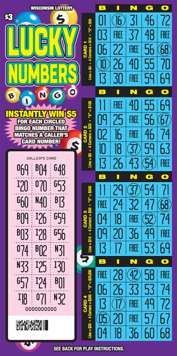 assortment of brightly colored bingo balls on purple background with 4 blue bingo cards on scratch ticket