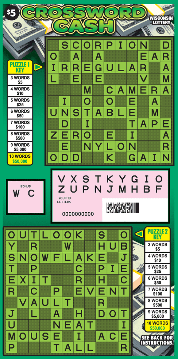 stacks of dollar bills with yellow bands on green background with two lime green and black crossword puzzles, dollar symbols, and bubble type green and yellow lettering on scratch ticket