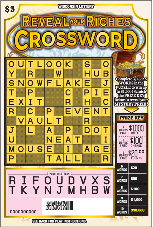 yellow crossword game with gold bar icons and treasure chest filled with gold and jewelry with tan background on Wisconsin Lottery scratch game