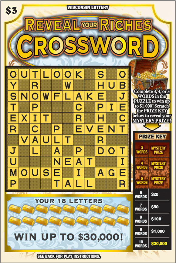 yellow crossword game with gold bar icons and treasure chest filled with gold and jewelry with tan background on Wisconsin Lottery scratch game