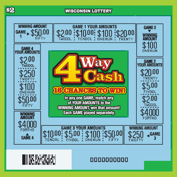 green stacks of money on dark purple with orange and yellow starbursts for each game with green background on Wisconsin Lottery scratch ticket