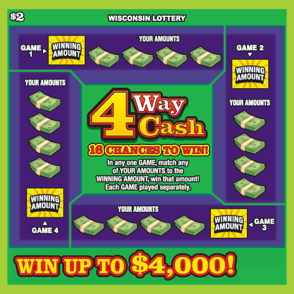 green stacks of money on dark purple with orange and yellow starbursts for each game with green background on Wisconsin Lottery scratch ticket