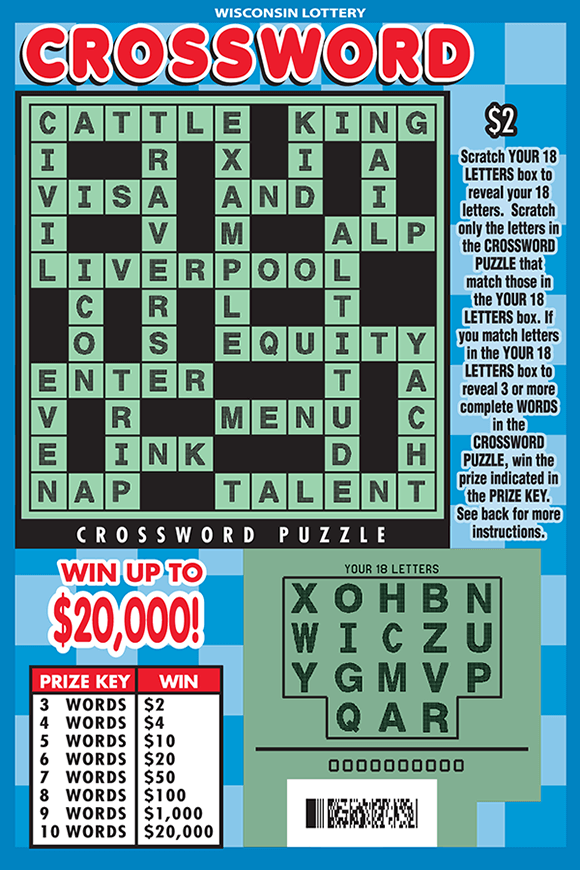 crossword puzzle on background of light and dark blue squares with red bubble lettering on wisconsin lottery scratch game 