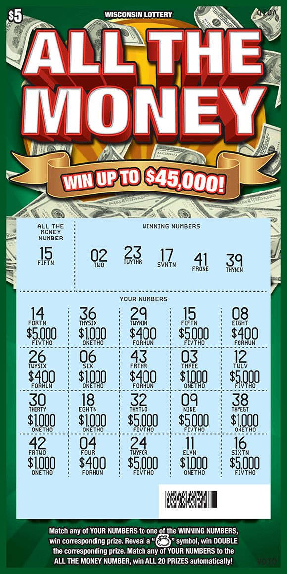 dollar bills falling into pile with gold icons and white block lettering outlined in red on green background on wisconsin lottery scratch game 
