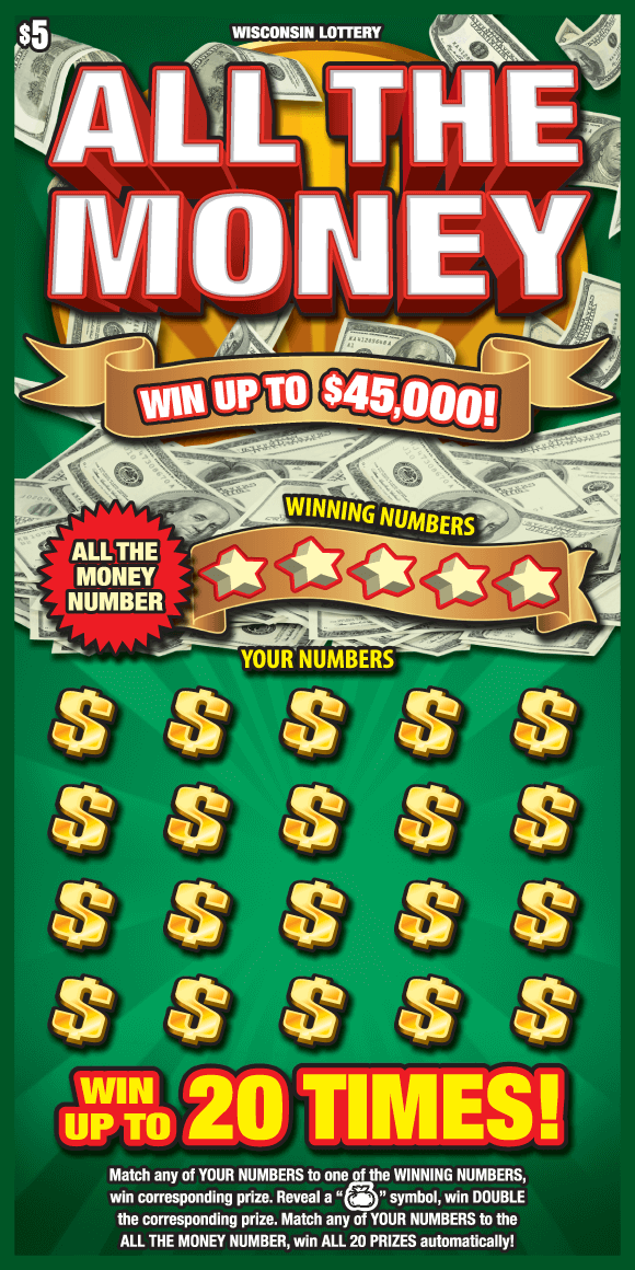 dollar bills falling into pile with gold icons and white block lettering outlined in red on green background on wisconsin lottery scratch game 