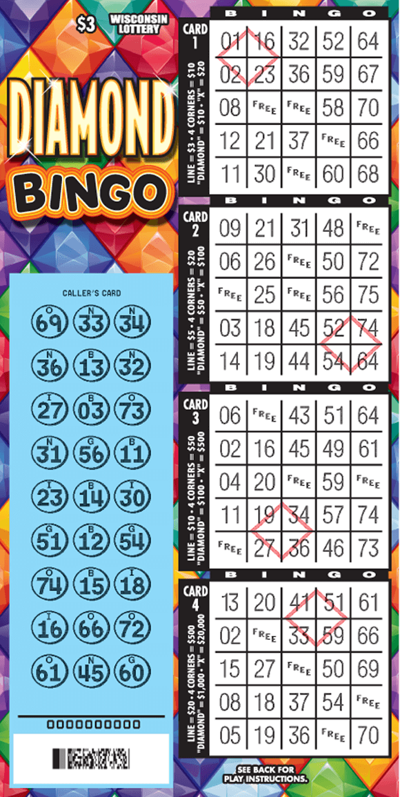 bingo game with four bingo cards scratched on right side of ticket with colorful diamonds on the left side scratched to reveal numbers in callers card on scratch ticket from wisconsin lottery