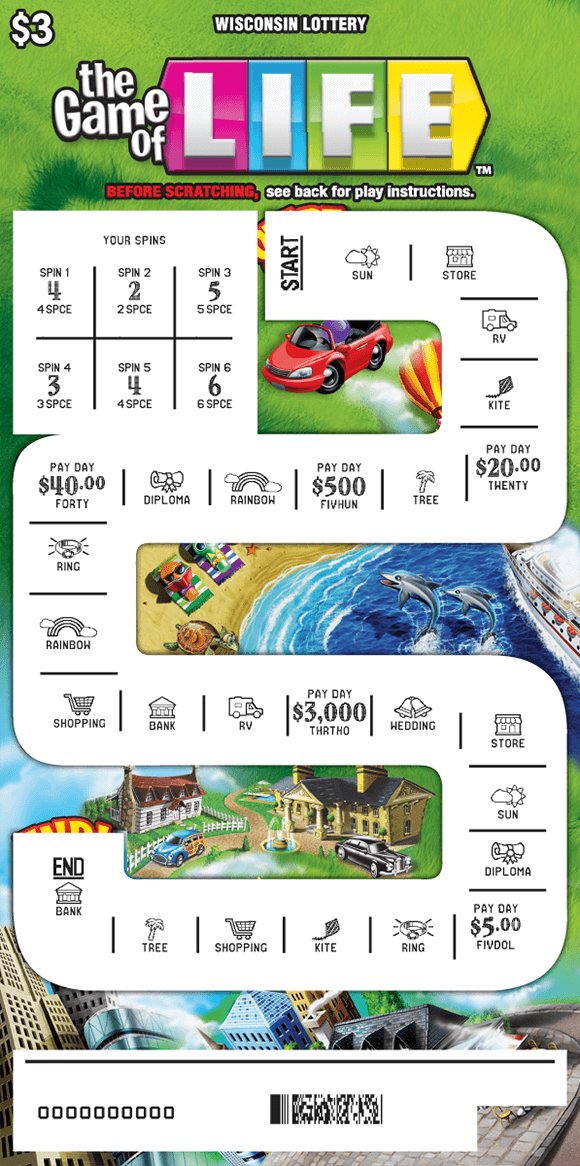 colorful spinners and yellow board game with scenes of larges houses, boats, cars, vacation beaches on scratch game