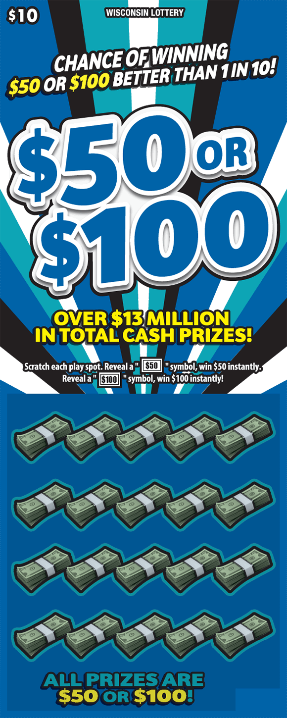 bold blue lettering outlined in white with black shadow with stacks of cash on background with assorted rays of blue, teal and white on Wisconsin Lottery scratch game