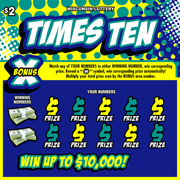 comic looking white font outlined in green and blue on scratch game with green, blue and white halftone dot pattern over bright yellow background with dollar sign icons and stacks of money