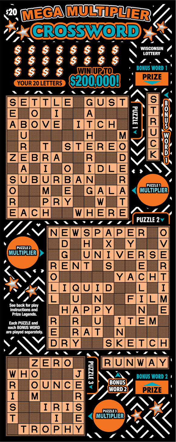 orange crossword puzzles on ticket with orange and teal bold text with white dollar symbols on black background with white stripes on scratch ticket