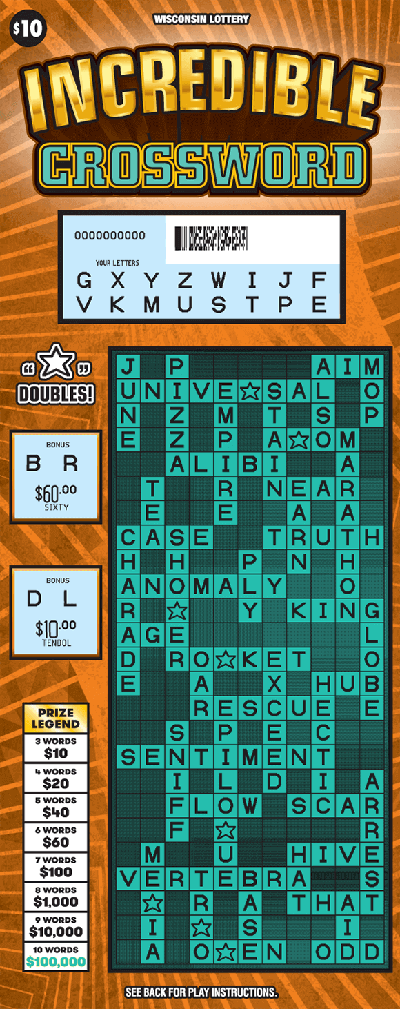 gold and teal 3d lettering with tall teal crossword puzzle on background with bright orange angled lines on darker orange scratch game