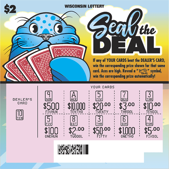 blue seal holding red playing cards on sunrise beach background with red playing card icons on scratch game