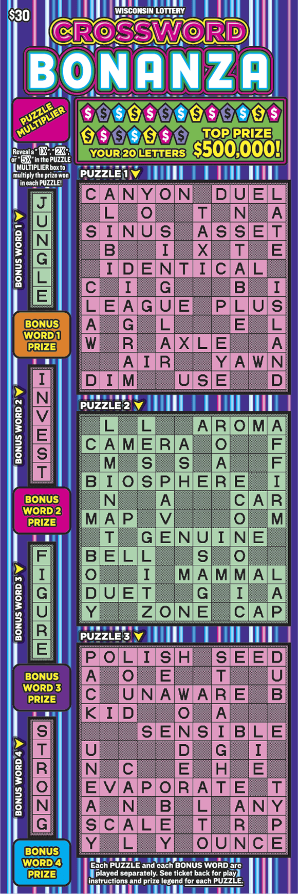 two pink and one green crossword game on purple, blue and pink stripped background on scratch game