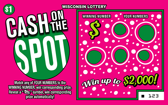 green and white dots in assorted sizes on bright pink scratch ticket with white text outlined in black