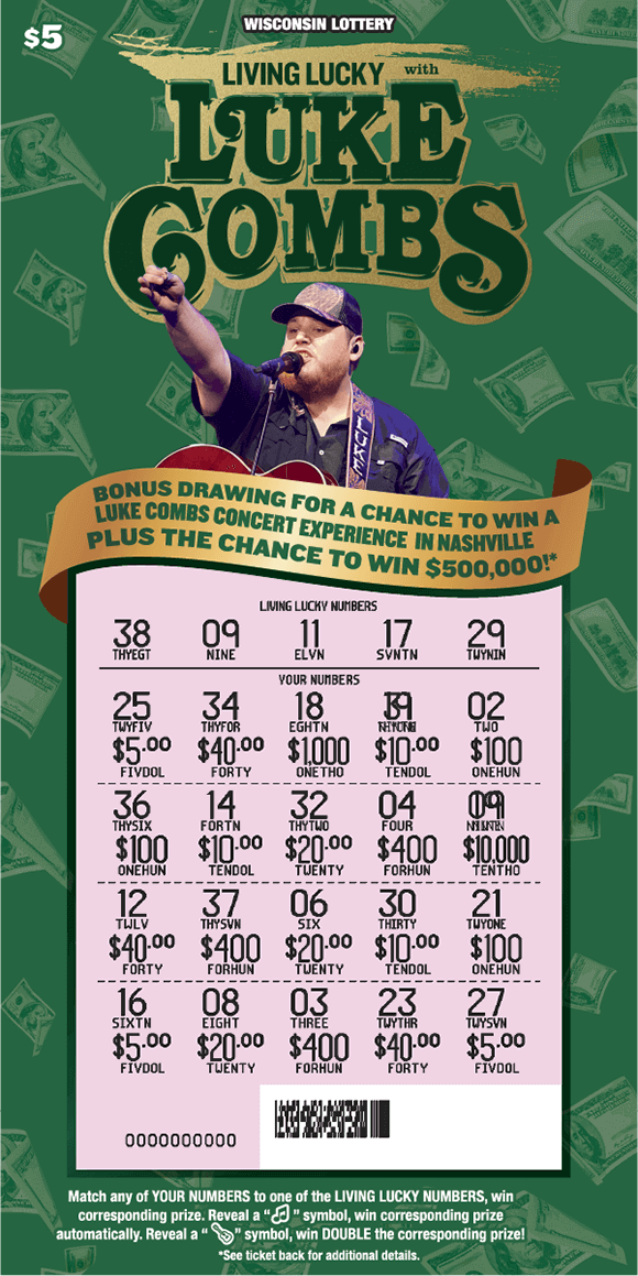 Luke Combs holding guitar and pointing in the air under scripted green font logo outlined in gold on scratch ticket with red guitar picks and grey cds with falling money on green background