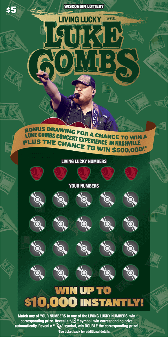 Luke Combs holding guitar and pointing in the air under scripted green font logo outlined in gold on scratch ticket with red guitar picks and grey cds with falling money on green background
