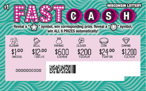 bold lettering in magenta with white dots next to white letters in darker magenta circles and white dollar sign icons with magenta shadow on background with light and dark seafoam green waves on scratch ticket