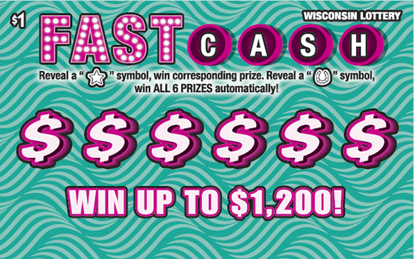 bold lettering in magenta with white dots next to white letters in darker magenta circles and white dollar sign icons with magenta shadow on background with light and dark seafoam green waves on scratch ticket
