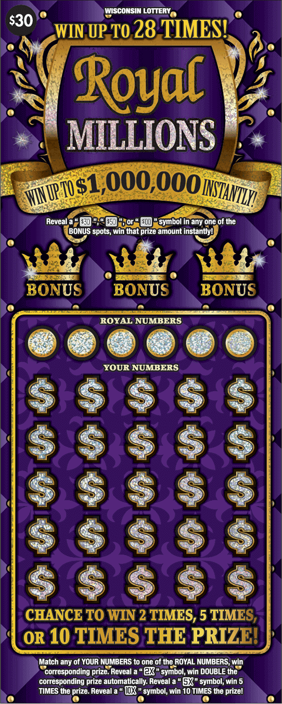 icons of gold crowns and silver glitter dollar signs outlined in gold with gold script lettering in gold crest on dark purple diamond pattern background on scratch game
