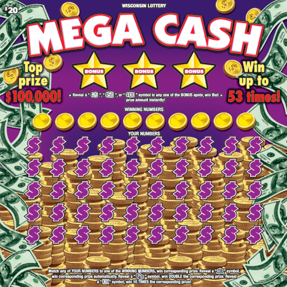 big bold white letters outlined in red with purple dollar signs icons and big gold stars on purple background with falling dollar bills on scratch game