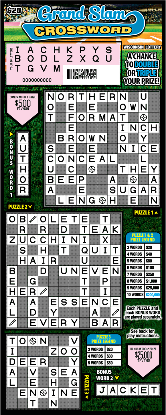white scratched crossword puzzle on green ivy background with blue scripted lettering on scratch game