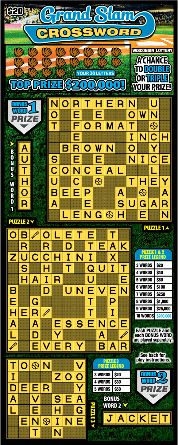 yellow crossword puzzles on green ivy background and baseball gloves icons on baseball field with blue scripted lettering on scratch game