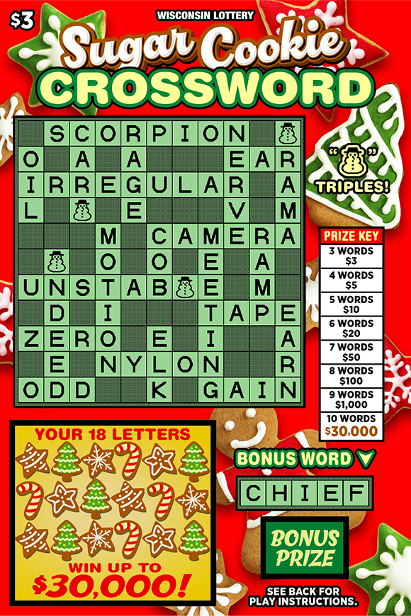 assortment of colorful holiday sugar cookies with green, red and white icing on red background with green crossword puzzle and sugar cookie icons and icing topped letters on red background