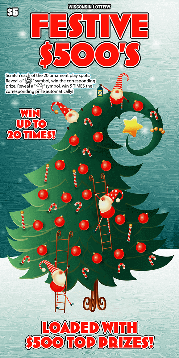 little gnomes wearing white and red stripped outfits decorating green tree with red ornaments and candy canes on teal gradient background with bold red block lettering on scratch game