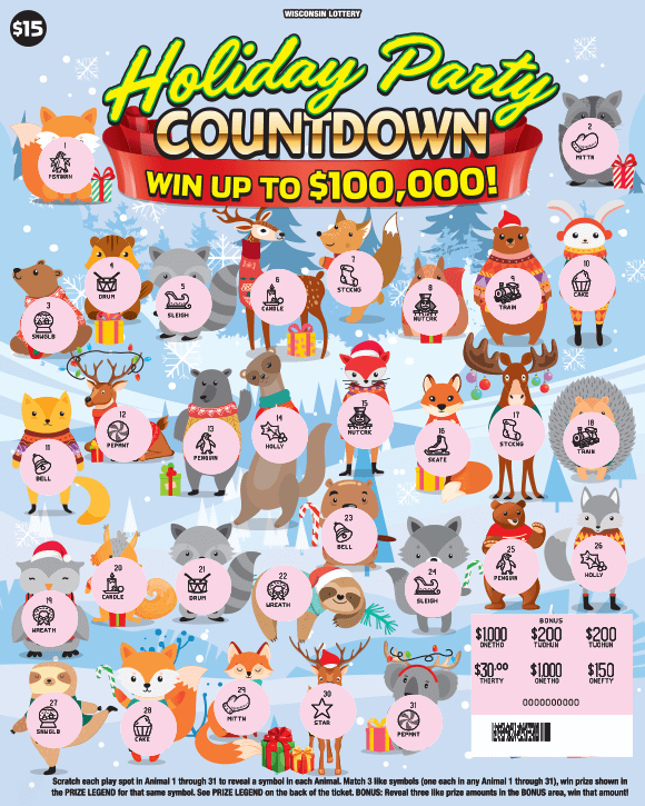 31 forest animals with pink scratched play areas on light blue background with white snowflakes and darker blue trees and yellow script lettering and red ribbon on scratch game