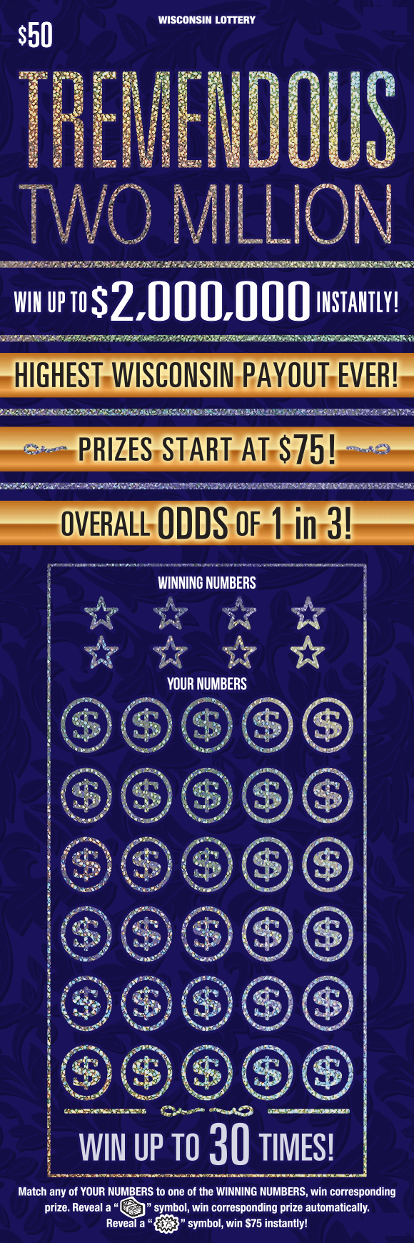 sparkly gold letters along with white and blue text and icons of dollar signs and stars on royal blue background with darker blue flourishes on Wisconsin Lottery scratch ticket