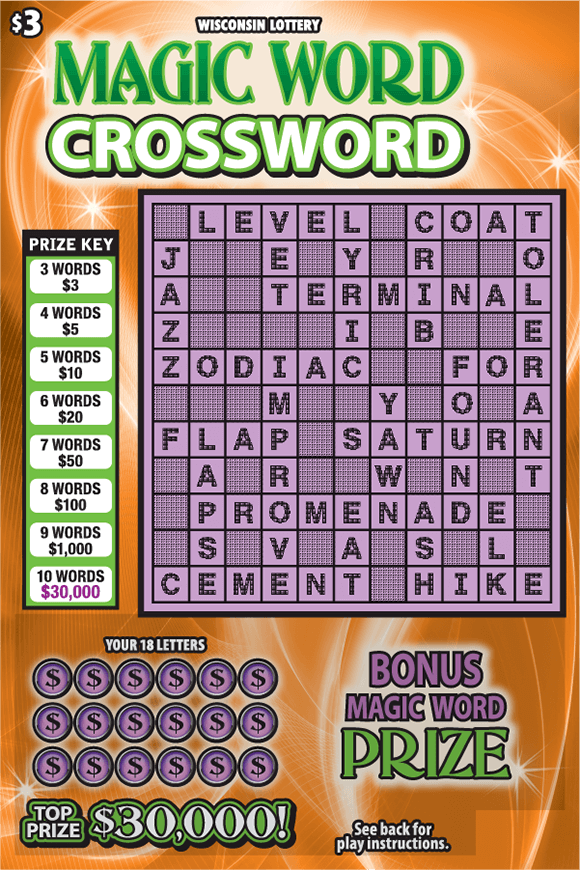 green and white text on orange background with white stars and pink crossword puzzle with icons of black dollar signs in pink circles on scratch game