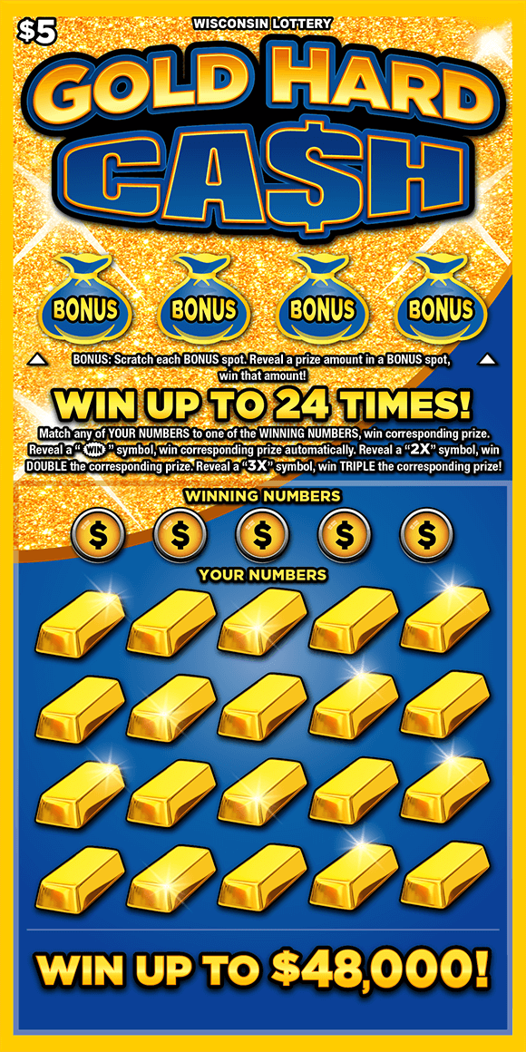 icons of gold bars and blue bags of money on shimmering gold and solid blue background with black outlined gold and blue lettering on scratch game