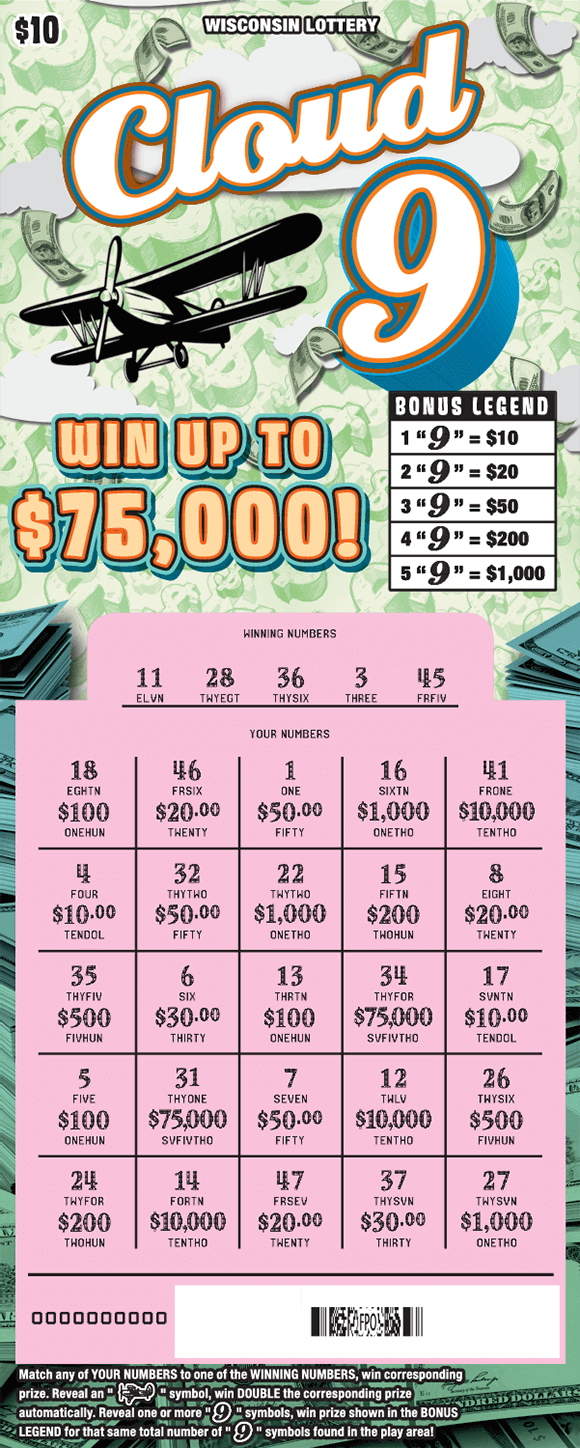 green shy with white clouds and black airplane flying through falling dollar bills and pink scratched play area on scratch ticket