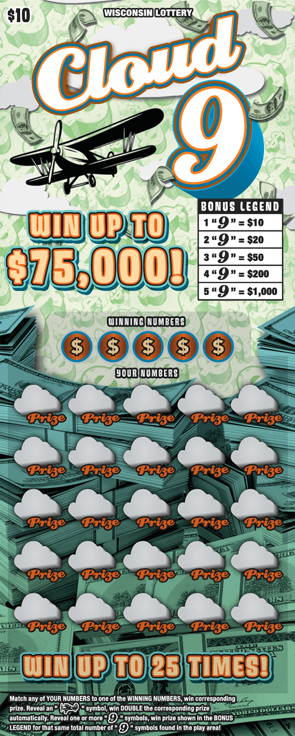 green shy with white clouds and black airplane flying through falling dollar bills and cloud icons on stacks of cash background on scratch ticket