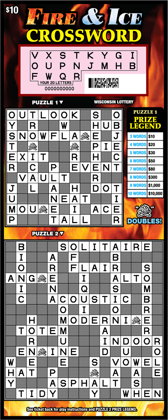 two white scratch crossword puzzle play areas with flame icons and bold lettering with flames and icicles on scratch game with flame background