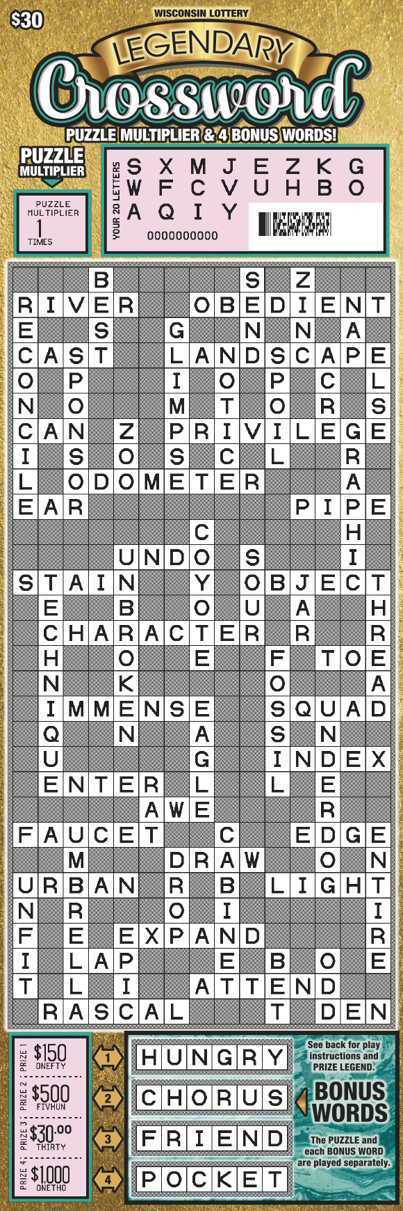 gold banner with black block text and white scripted lettering outlined in teal above white scratched extra tall teal crossword puzzle play areaon scratch game