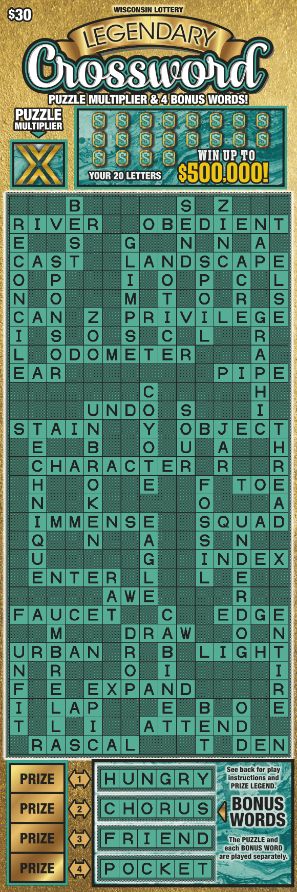gold banner with black block text and white scripted lettering outlined in teal above extra tall teal crossword puzzle with teal dollar sign icons outlined with gold on scratch game