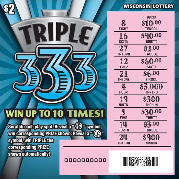 light and dark blue sunburst lines shooting out of bold blue 3 number 3s outlined in black and white white with pink played scratch area on scratch ticket