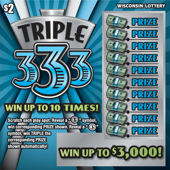 light and dark blue sunburst lines shooting out of bold blue 3 number 3s outlined in black and white white with stacks of cash icons on scratch ticket