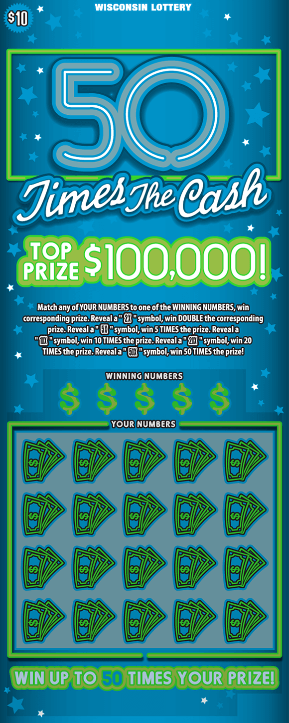 white cursive lettering outlined in teal with green dollar bills icons and white and teal stars on scratch ticket with bright teal background