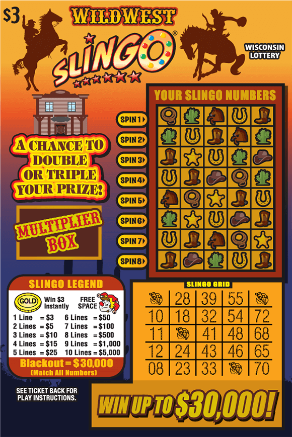 SLINGO grid with green cacti, gold horseshoes, brown cowboy hats, brown cowboy boots and horse icons on orange and purple gradient background with cowboys on bucking broncos and orange western type on scratch game