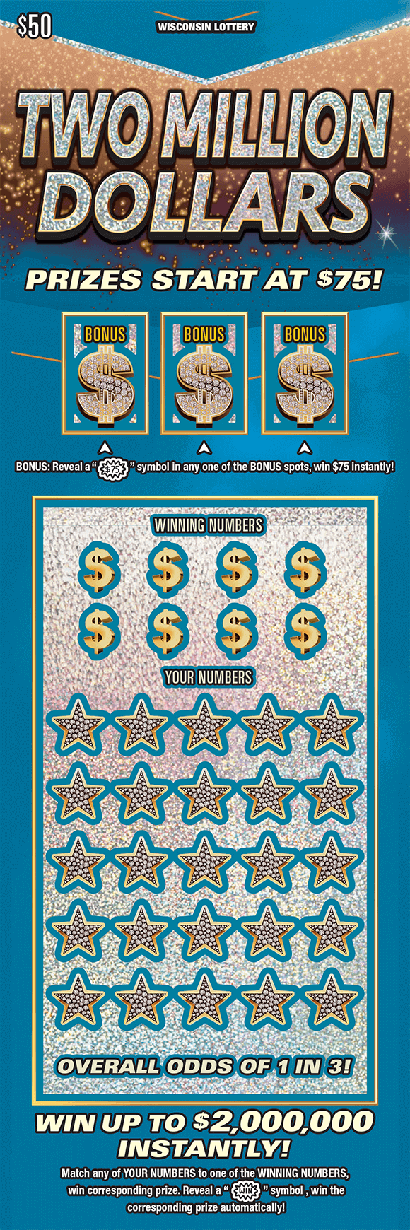 icons of gold dollar signs, diamond encrusted stars and dollar symbols on teal background with copper and silver shimmers with bold sparkly silver block lettering on scratch game