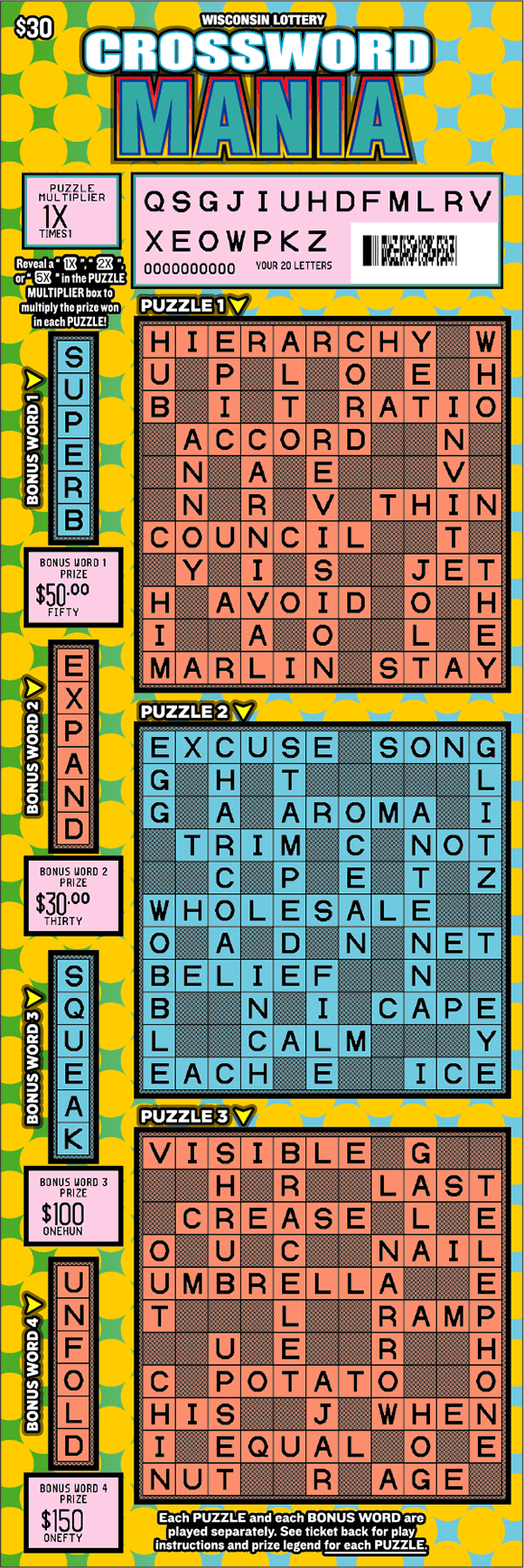 scratched crossword puzzle play area with yellow dots on light blue background with white and blue block lettering outlined in black on scratch game 