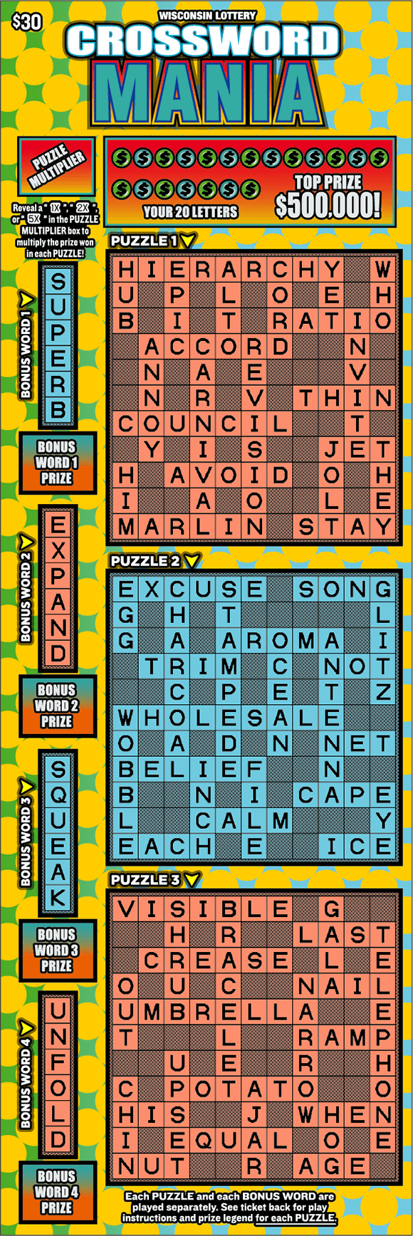 three light blue ad peach crossword puzzles with yellow dots on light blue background with white and blue block lettering outlined in black on scratch game 