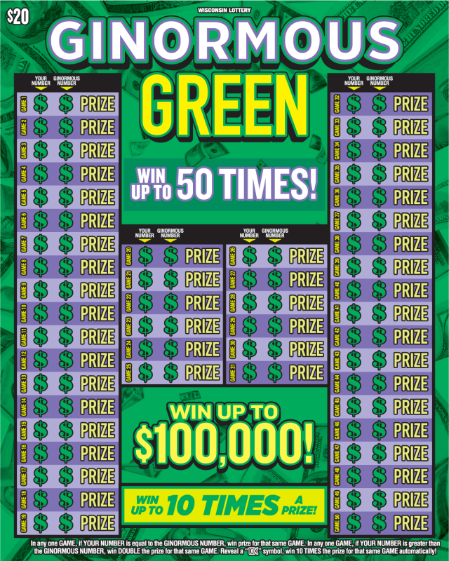 light and dark purple rectangles with green dollar sign icons on monochromatic green background with falling dollar bills and white and yellow block letters on scratch ticket